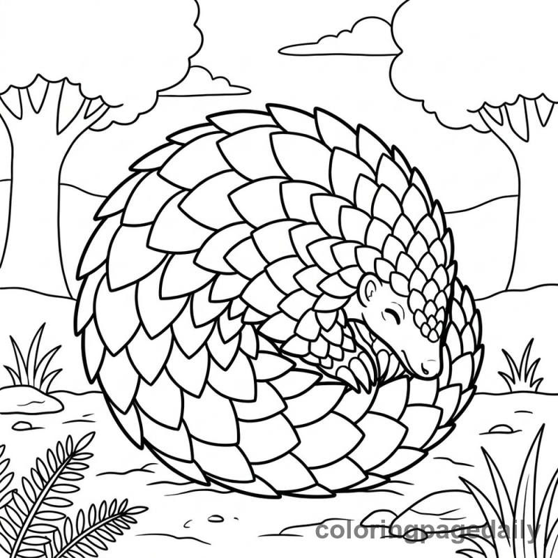 Pangolin's Cozy Ball - Daily printable coloring page in Animals category