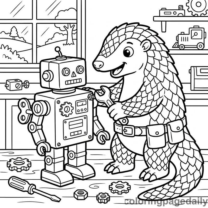 Pangolin Fixing Toy Robot - Daily printable coloring page in Animals category