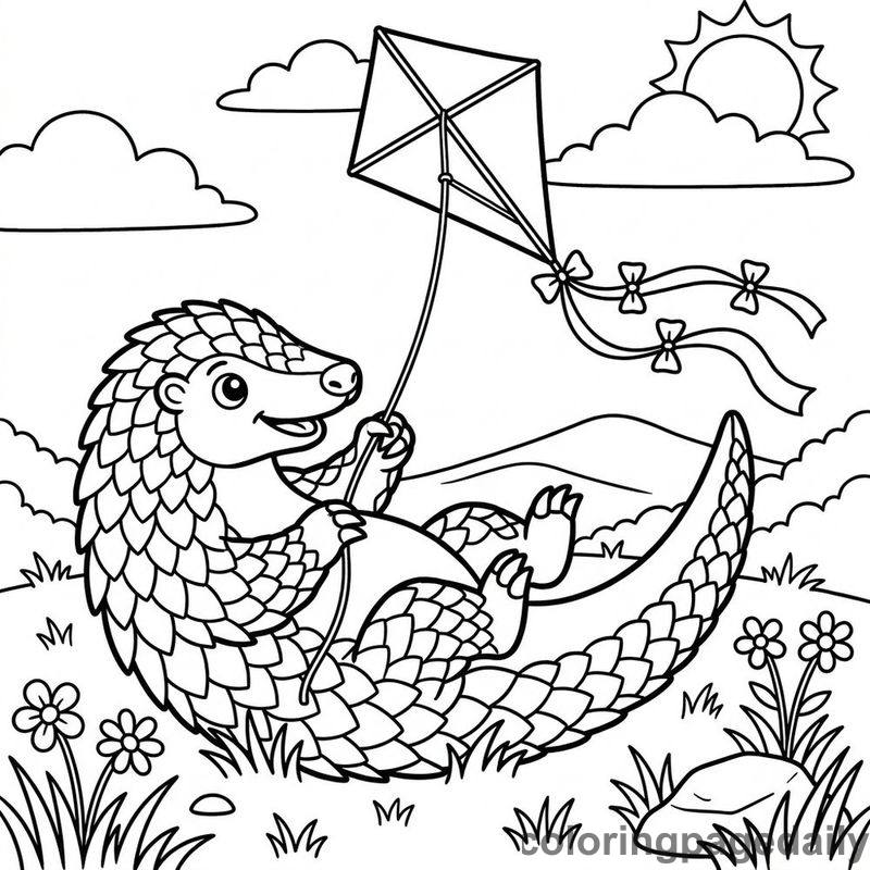Pangolin Flying A Kite - Daily printable coloring page in Animals category