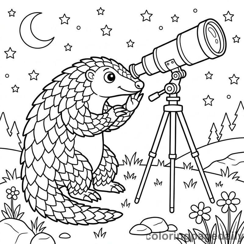 Pangolin Looking Through Telescope - Daily printable coloring page in Animals category