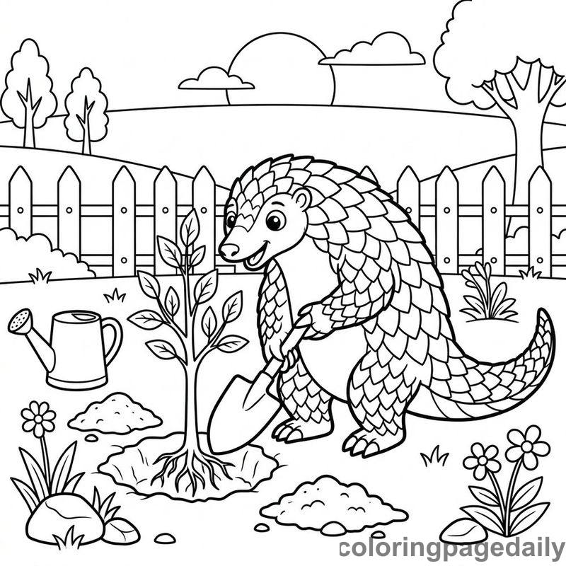 Pangolin Planting Tree - Daily printable coloring page in Animals category