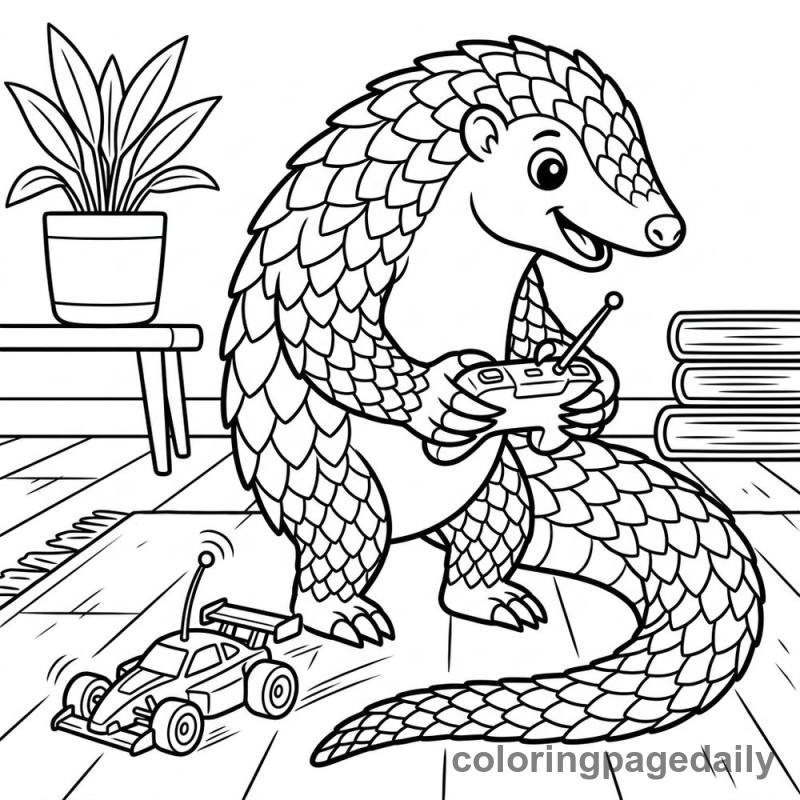 Pangolin Playing Remote Control - Daily printable coloring page in Animals category