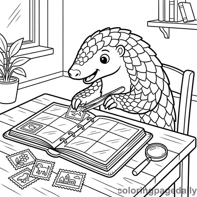Pangolin Sorting Vintage Stamps - Daily printable coloring page in Animals category