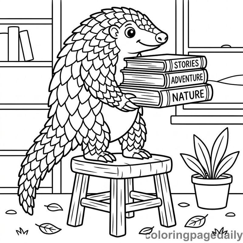 Pangolin Stacking Large Books - Daily printable coloring page in Animals category