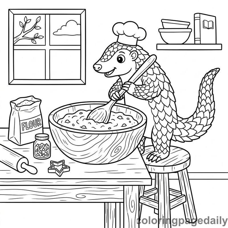 Pangolin Stirring Cookie Batter - Daily printable coloring page in Animals category