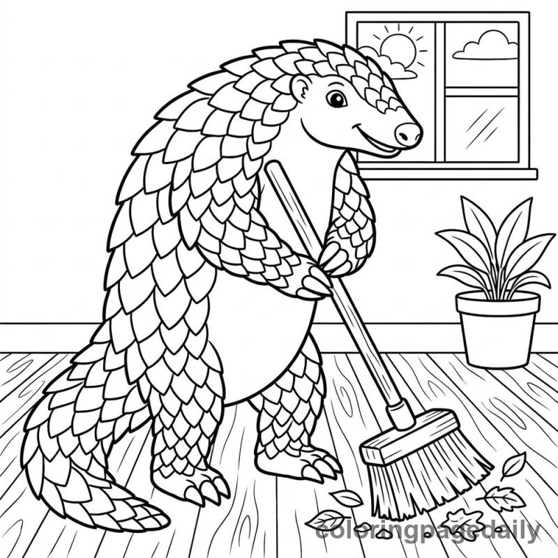 Pangolin Sweeping Up - Daily printable coloring page in Animals category