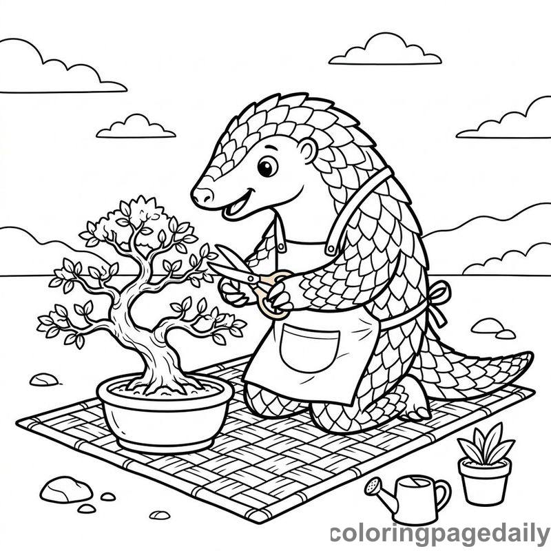 Pangolin Trimming Bonsai Tree - Daily printable coloring page in Animals category