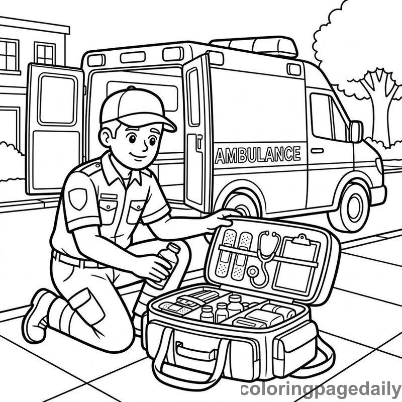 Paramedic Preparing Medical Bag - Daily printable coloring page in Professions category