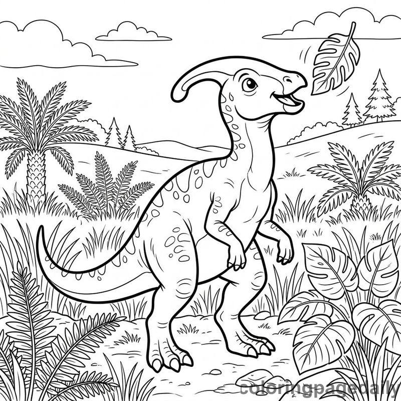 Parasaurolophus Catching A Leaf - Daily printable coloring page in Dinosaur category