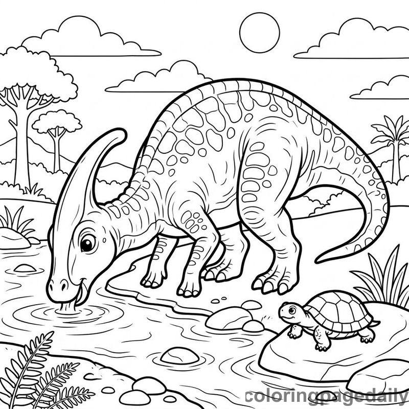 Parasaurolophus Drinking From River - Daily printable coloring page in Dinosaur category