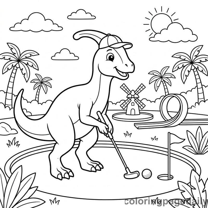 Parasaurolophus Mini Golf - Daily printable coloring page in Dinosaur category