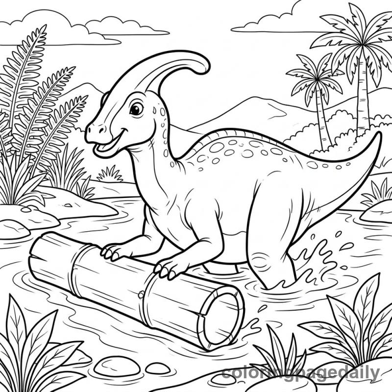 Parasaurolophus Pushing Bamboo Log - Daily printable coloring page in Dinosaur category