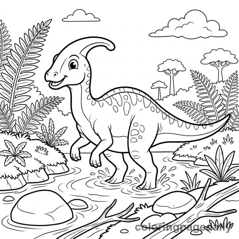 Parasaurolophus Wading Stream - Daily printable coloring page in Dinosaur category