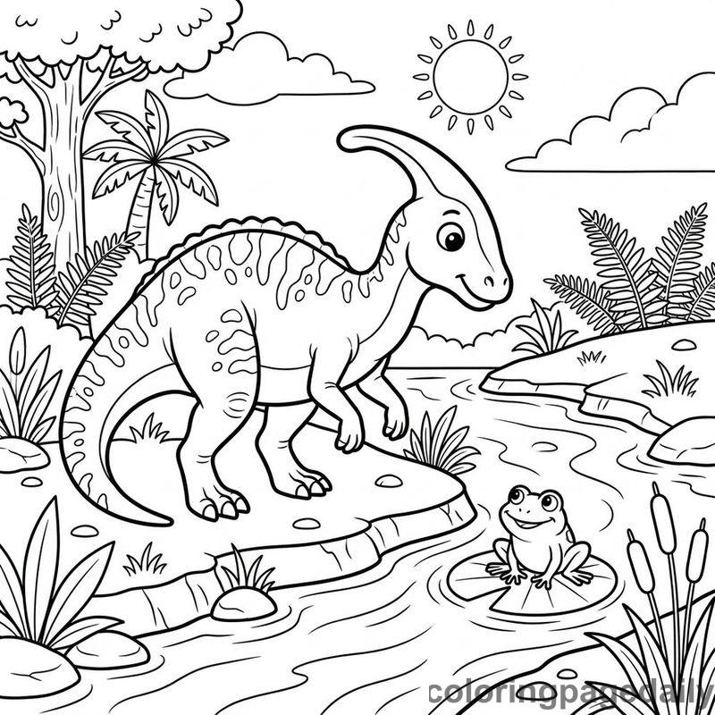 Parasaurolophus Watching A Frog - Daily printable coloring page in Dinosaur category