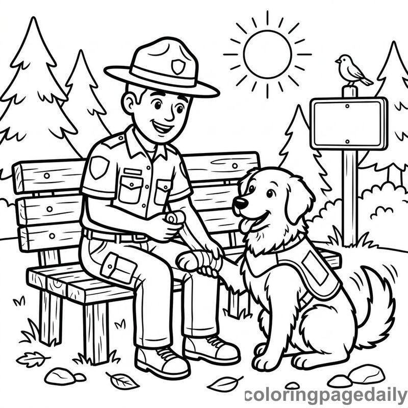 Park Ranger Bandaging Dog - Daily printable coloring page in Professions category