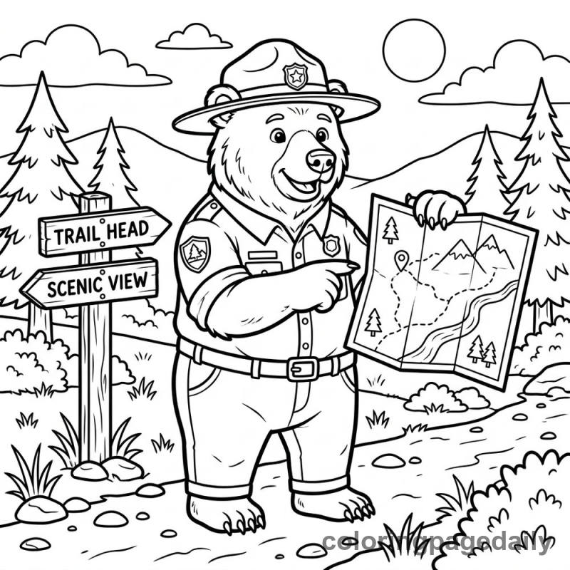 Park Ranger Bear Reads a Map - Daily printable coloring page in Animals category