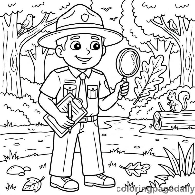 Park Ranger Identifying Leaves - Daily printable coloring page in Professions category