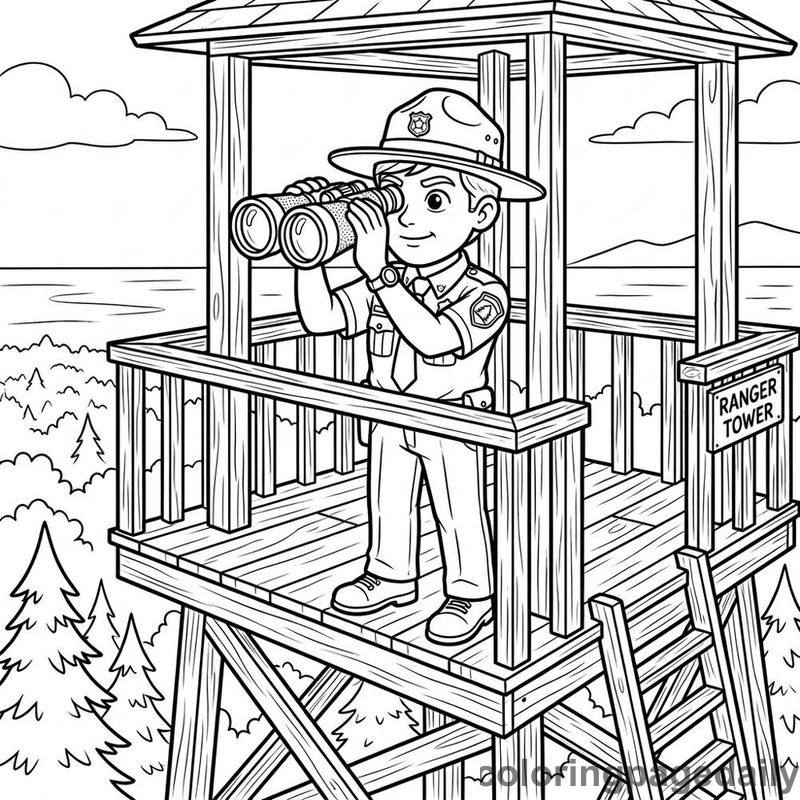 Park Ranger Observation Tower - Daily printable coloring page in Professions category