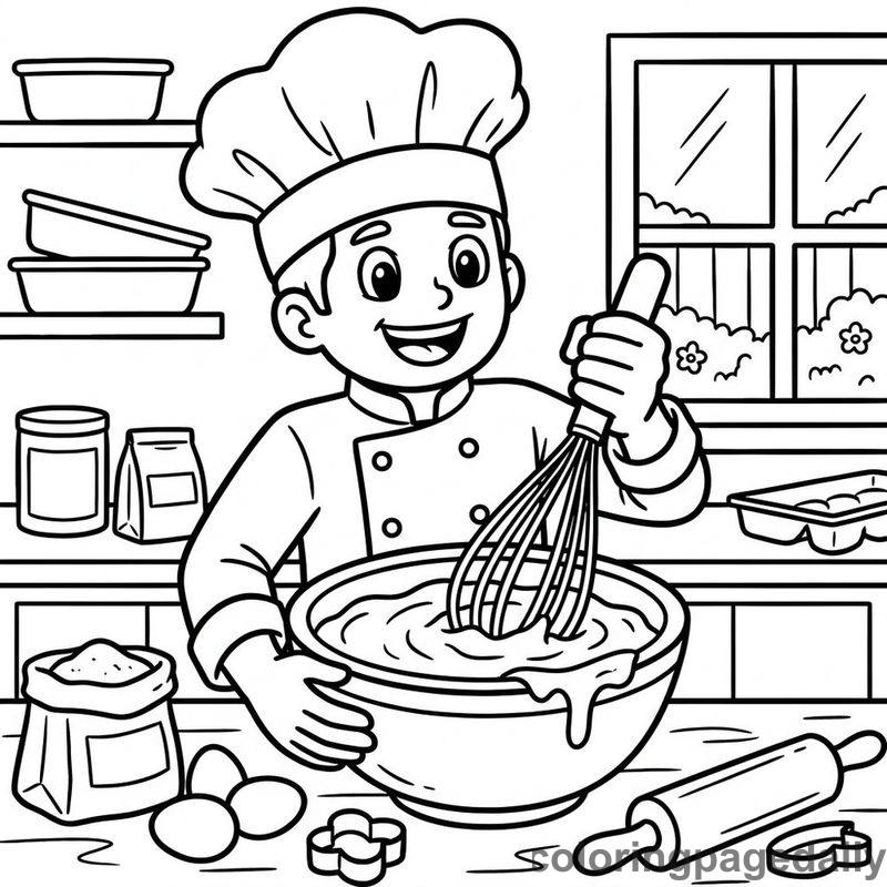 Pastry Chef Whisking Batter - Daily printable coloring page in Professions category
