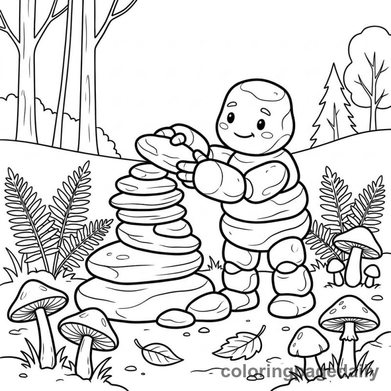 Pebble Golem Building Cairn - Daily printable coloring page in Mythical Creature category