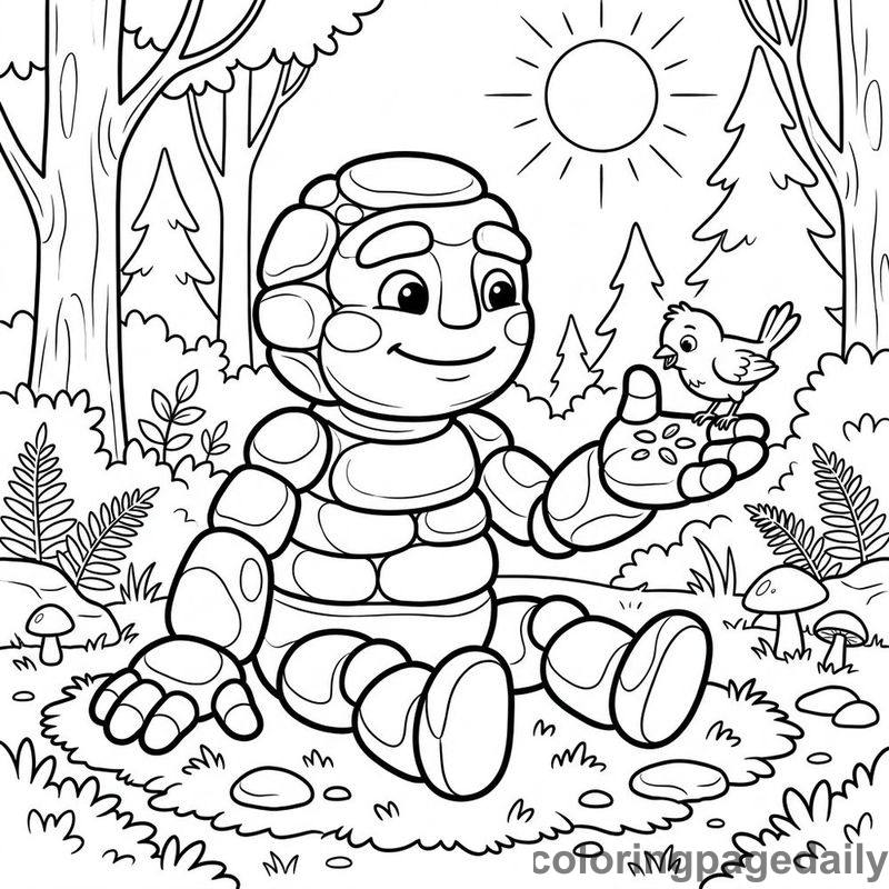 Pebble Golem Feeding Bird - Daily printable coloring page in Mythical Creature category