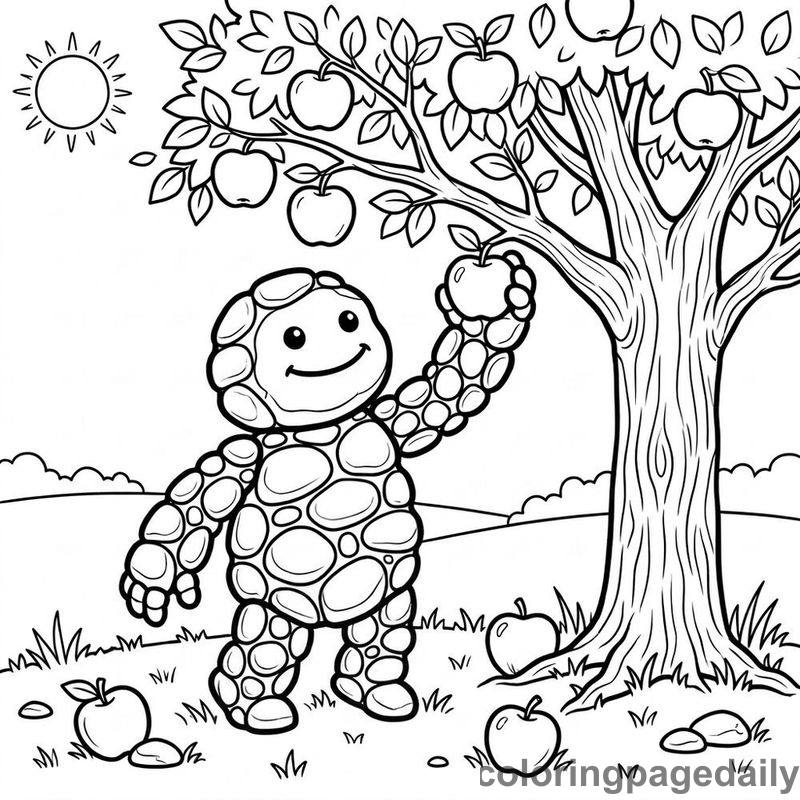 Pebble Golem Picking Apples - Daily printable coloring page in Mythical Creature category