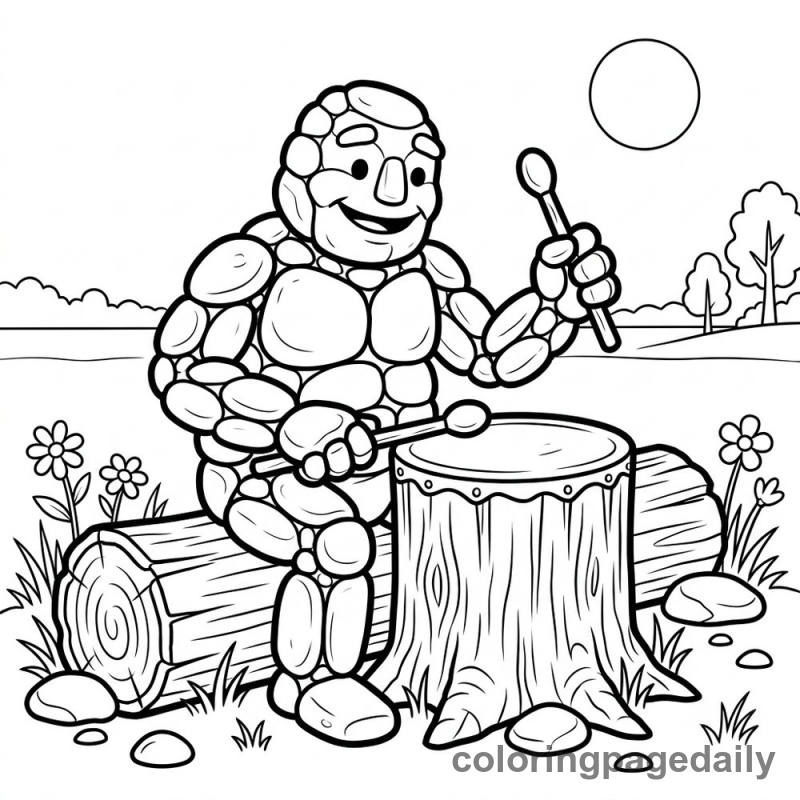 Pebble Golem Playing Drum - Daily printable coloring page in Mythical Creature category