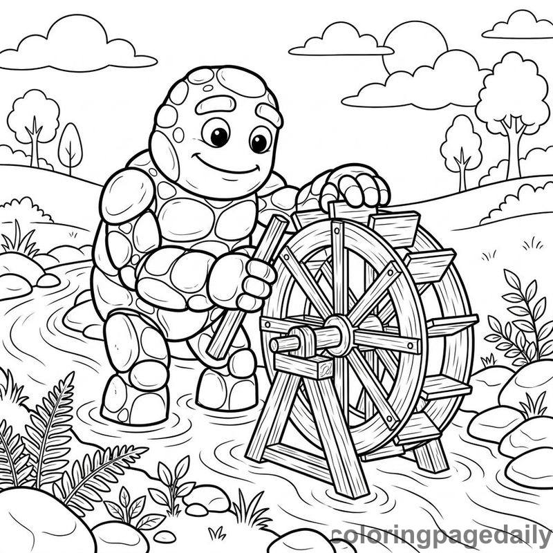 Pebble Golem Building Water Wheel - Daily printable coloring page in Mythical Creature category