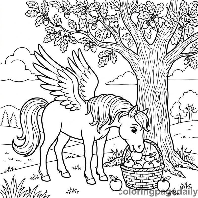 Pegasus Eating Apples - Daily printable coloring page in Mythical Creature category