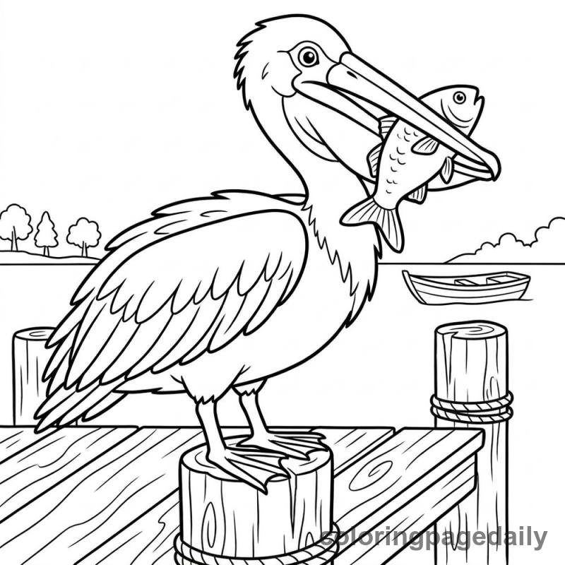 Pelican Catching Lunch - Daily printable coloring page in Ocean and Underwater Life category
