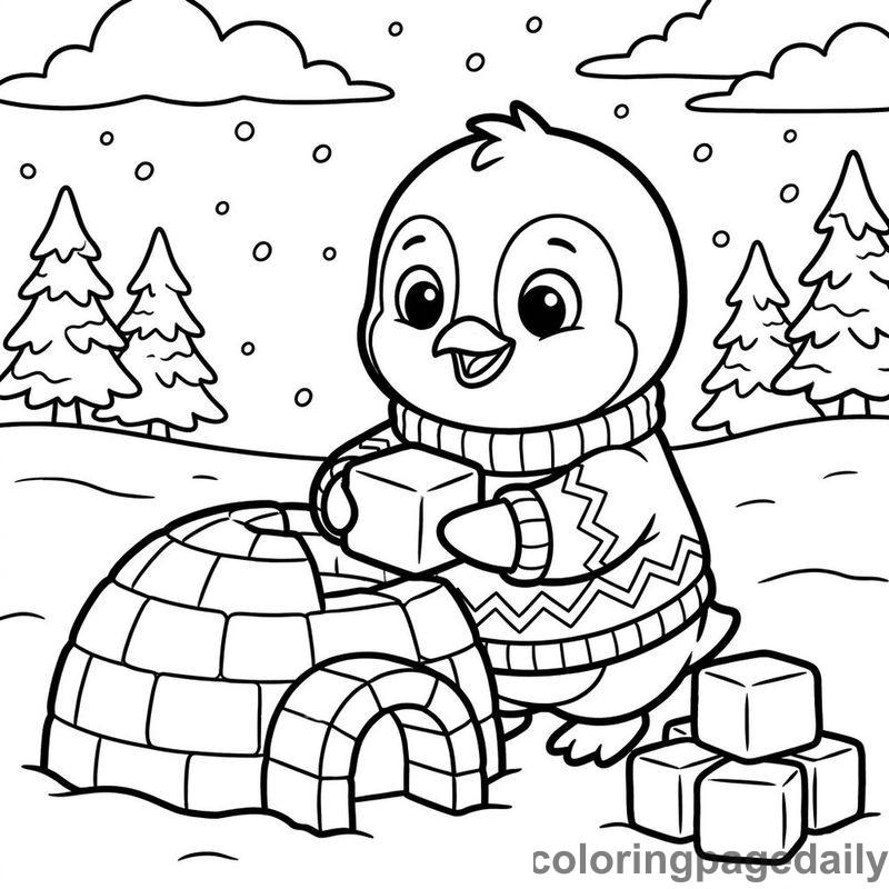 Penguin Building Snow Igloo - Daily printable coloring page in Winter and Snow Season category