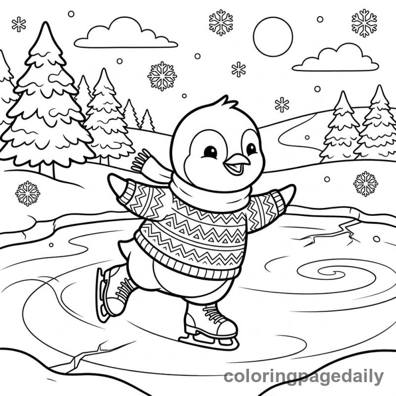 Penguin Chick Ice Skating - Daily printable coloring page in Winter and Snow Season category