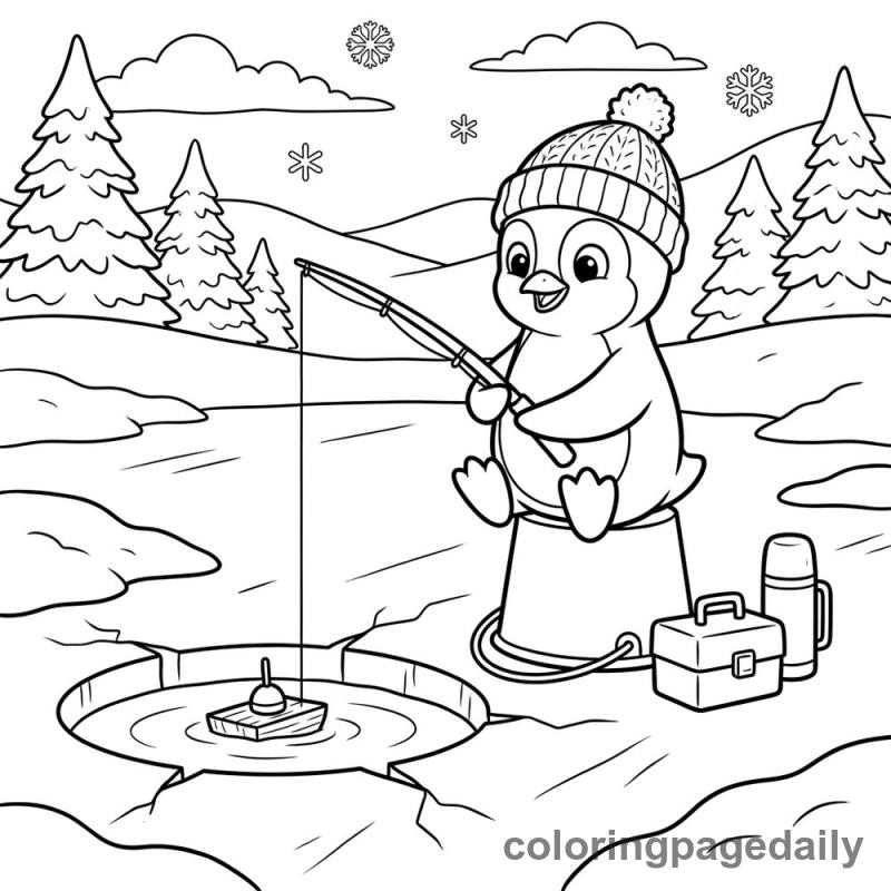Penguin Ice Fishing - Daily printable coloring page in Winter and Snow Season category