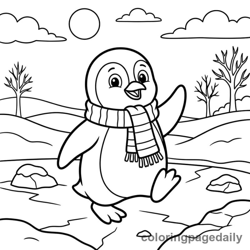 Penguin Marching In Scarf - Daily printable coloring page in Winter and Snow Season category