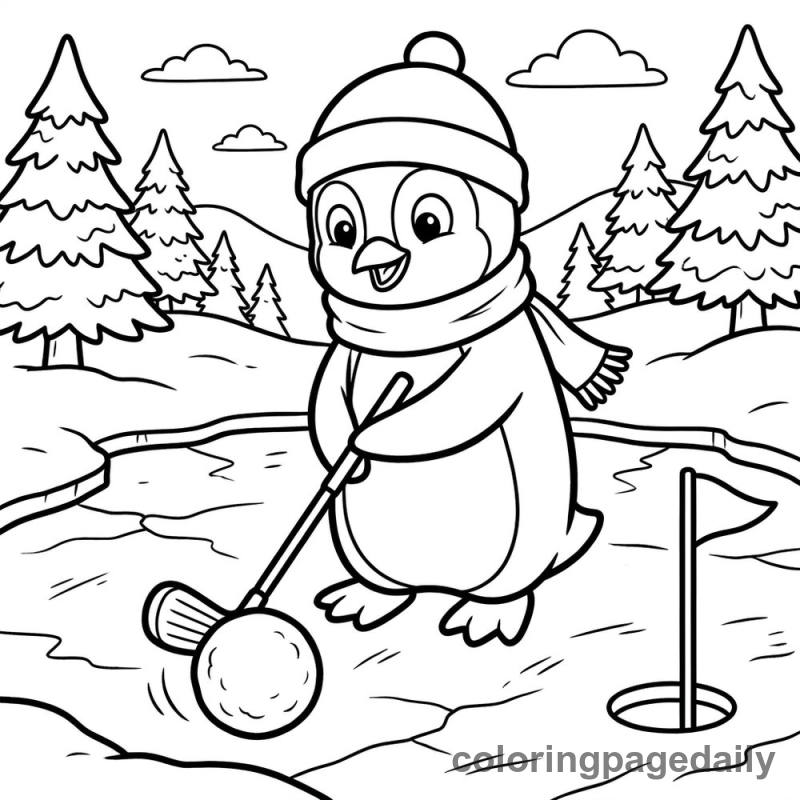 Penguin Playing Golf - Daily printable coloring page in Winter and Snow Season category