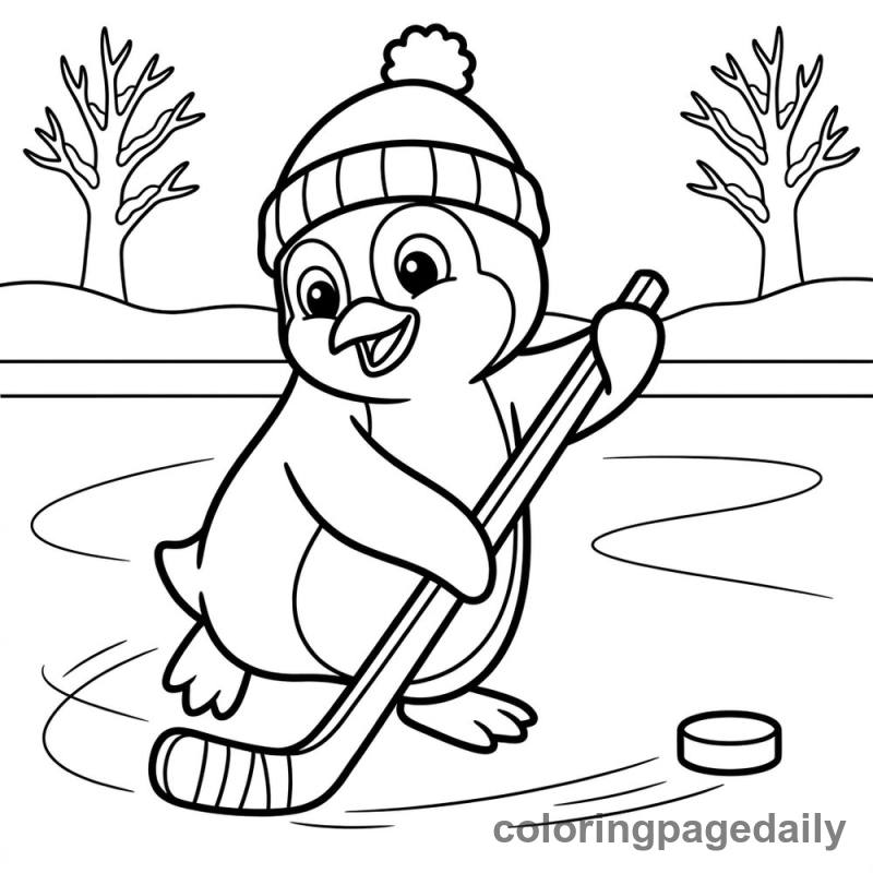 Penguin Playing Hockey - Daily printable coloring page in Winter and Snow Season category