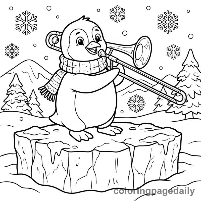 Penguin Playing Trombone - Daily printable coloring page in Winter and Snow Season category