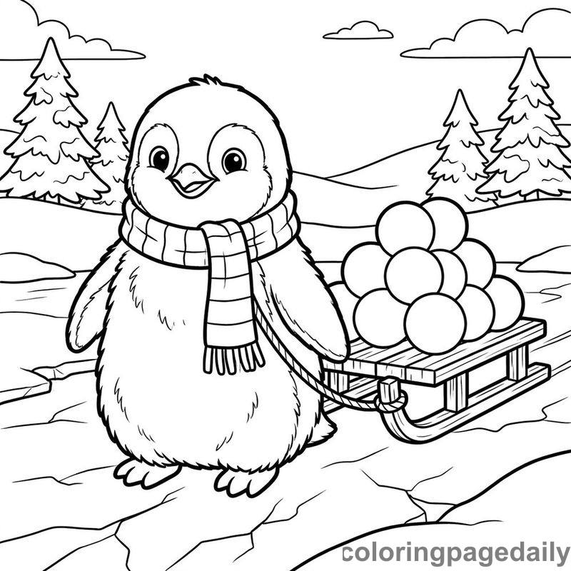 Penguin Pulling Snowball Sled - Daily printable coloring page in Winter and Snow Season category
