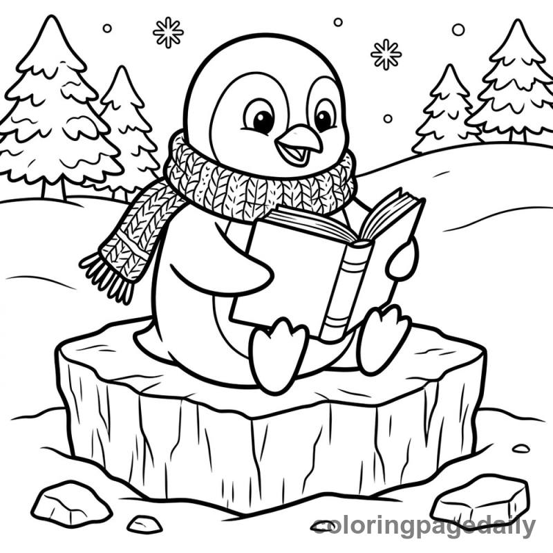 Penguin Reading Book - Daily printable coloring page in Winter and Snow Season category