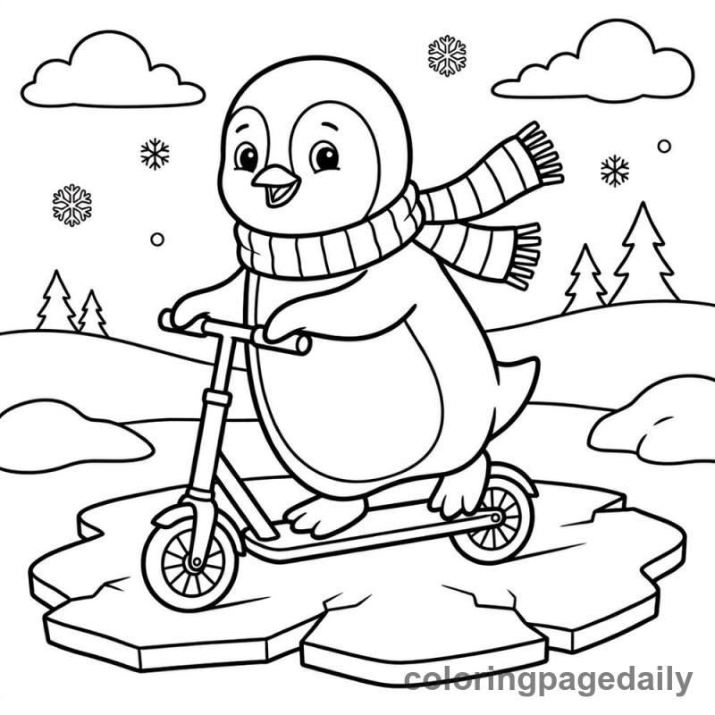 Penguin Riding Scooter - Daily printable coloring page in Winter and Snow Season category