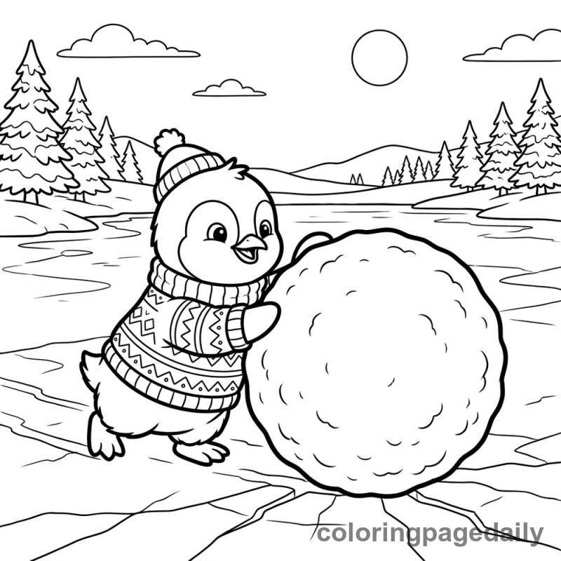 Penguin Rolling Giant Snowball - Daily printable coloring page in Winter and Snow Season category