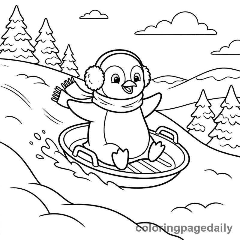 Penguin Saucer Sledding - Daily printable coloring page in Winter and Snow Season category