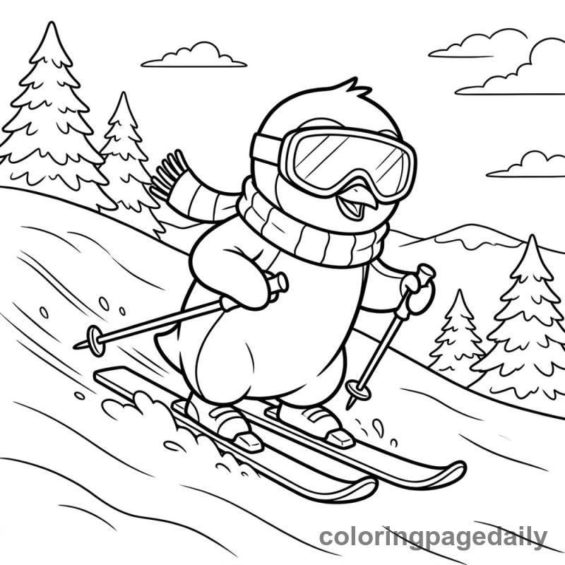 Penguin Skiing Adventure - Daily printable coloring page in Winter and Snow Season category