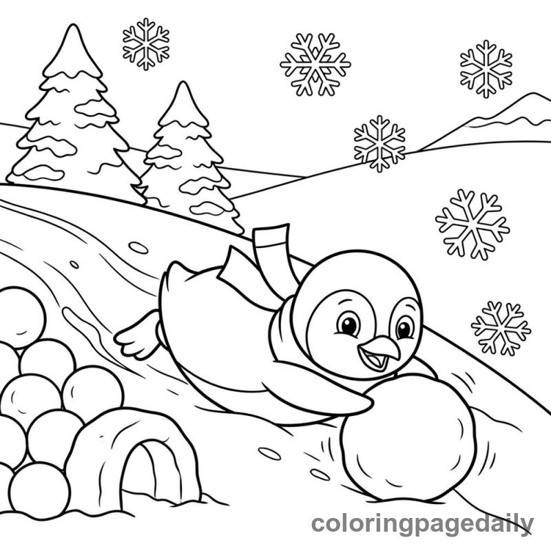 Penguin Sliding Down - Daily printable coloring page in Winter and Snow Season category
