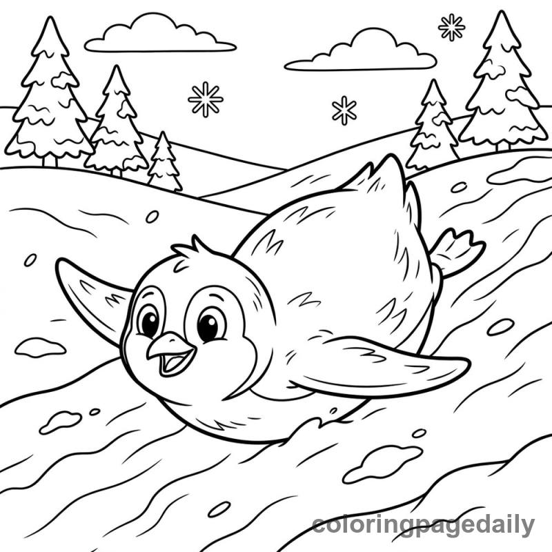 Penguin Sliding Down Hill - Daily printable coloring page in Winter and Snow Season category