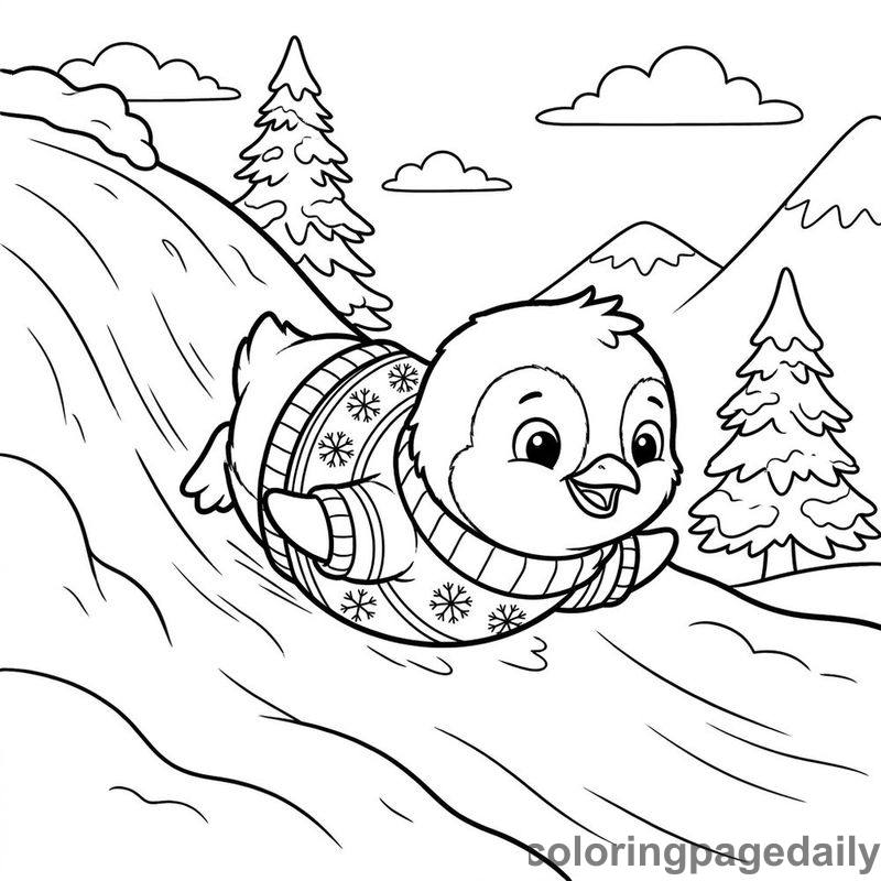 Penguin Sliding Down Snow Ramp - Daily printable coloring page in Winter and Snow Season category