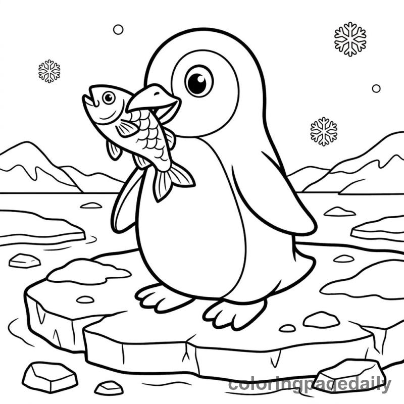 Penguin With Fish - Daily printable coloring page in Winter and Snow Season category