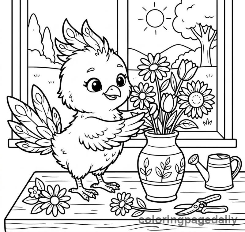 Phoenix Chick Arranging Flowers - Daily printable coloring page in Mythical Creature category