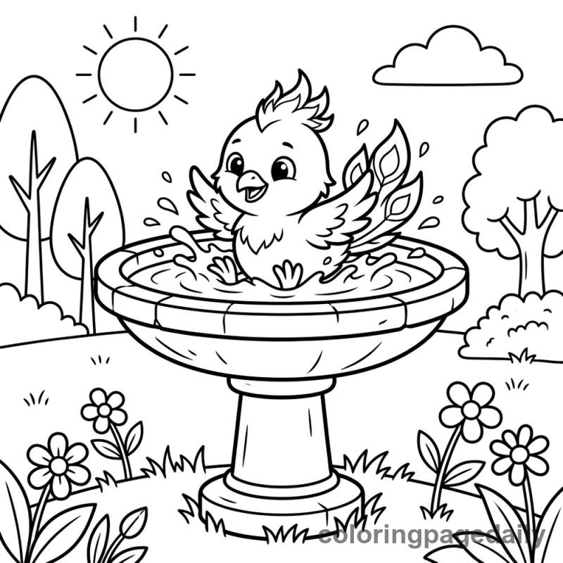 Phoenix Chick Birdbath Fun - Daily printable coloring page in Mythical Creature category