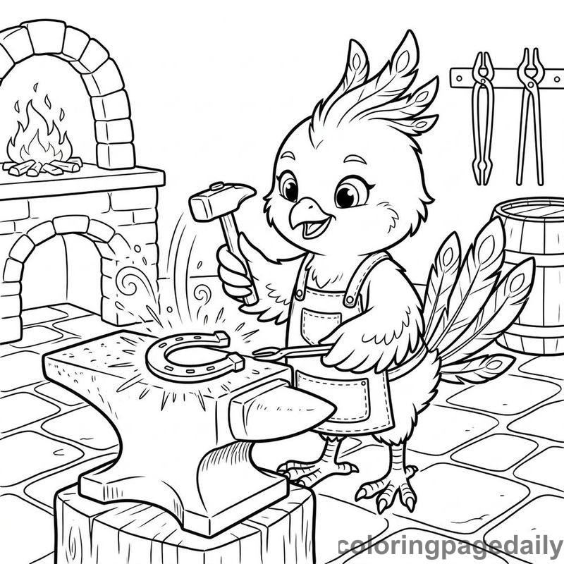 Phoenix Chick Blacksmith Anvil - Daily printable coloring page in Mythical Creature category